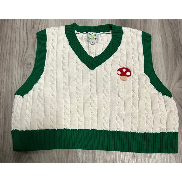 Shiny By Nature Jackets & Blazers - Shiny by Nature Mushroom Cable Knit Sweater Vest Cream Green XL Cotton